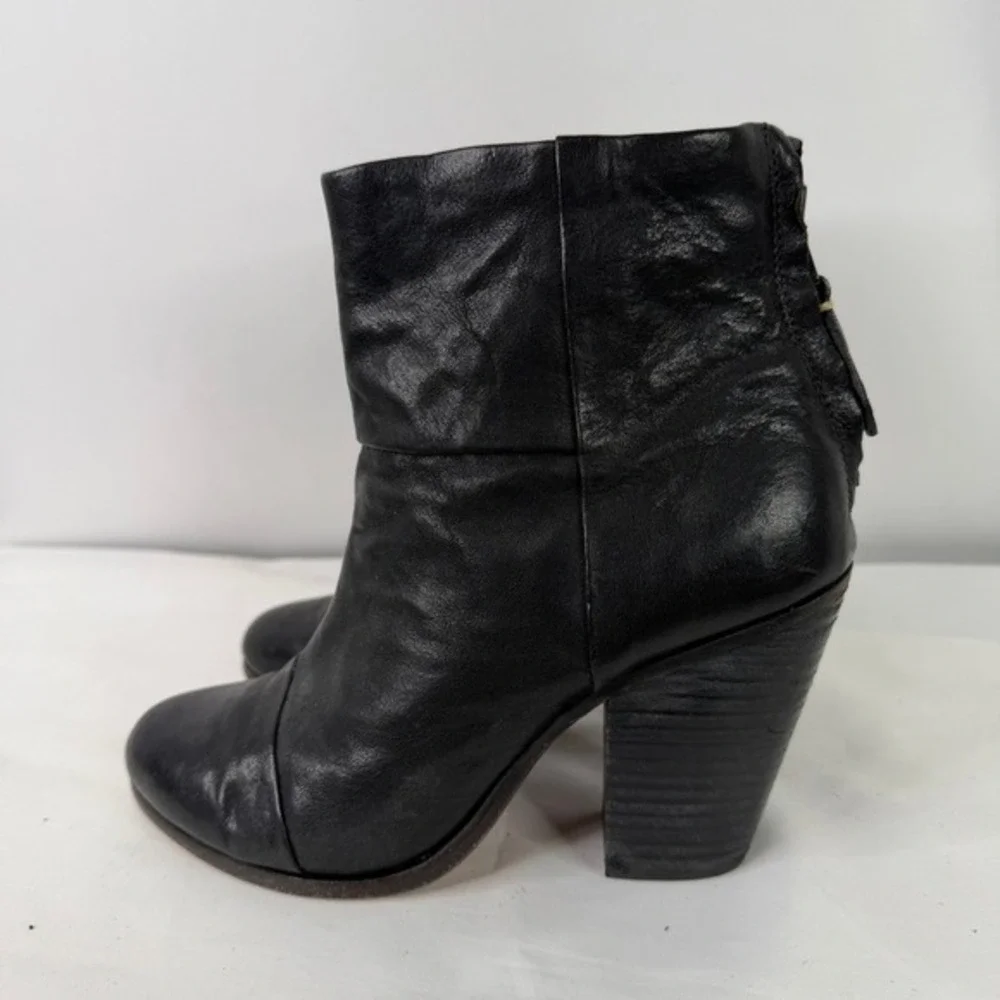 Rag & Bone Newbury Black Leather Ankle Boots Round Toe Stacked Block Heel‎ US 7